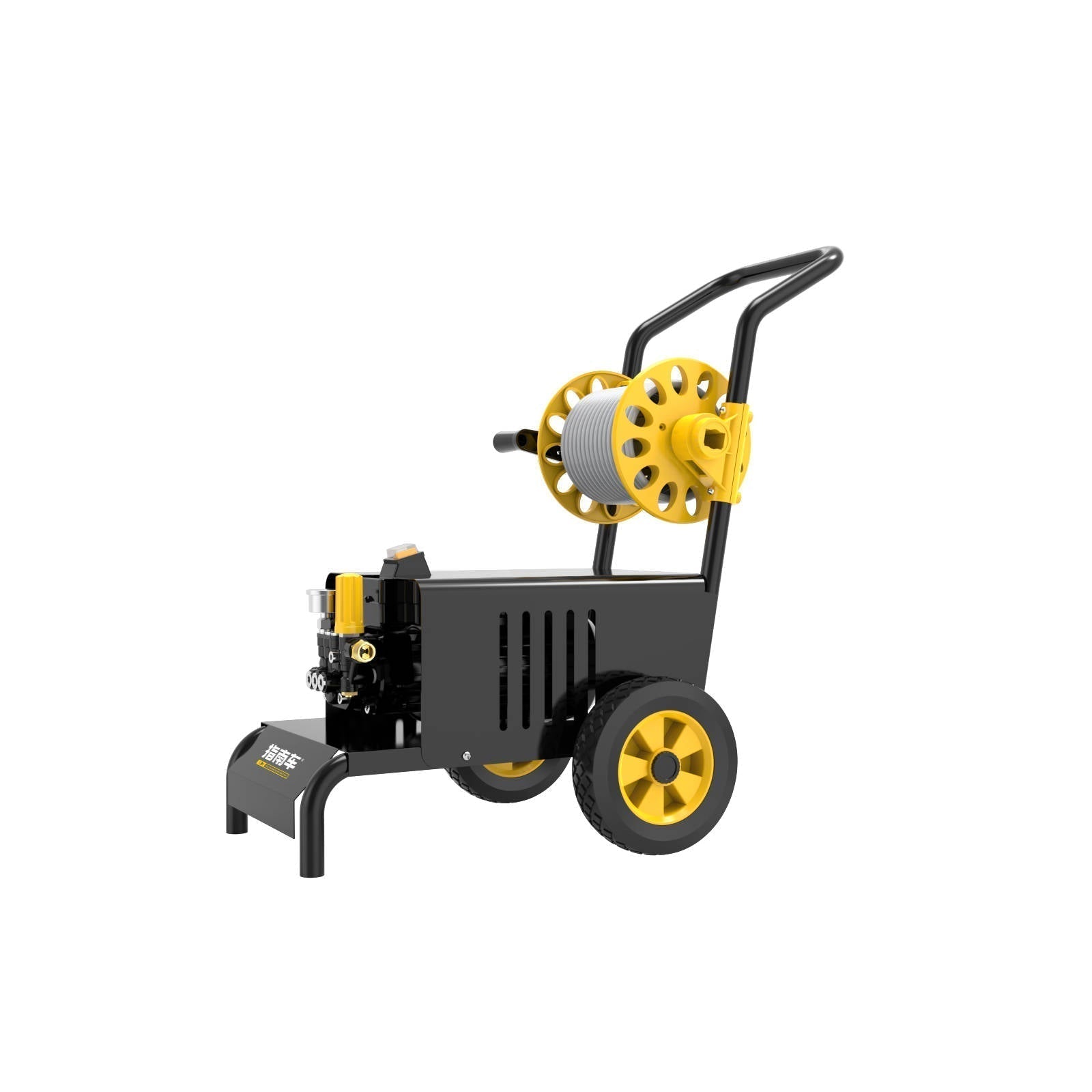 petrol pressure washer cart with yellow wheels and a top-mounted hose reel.