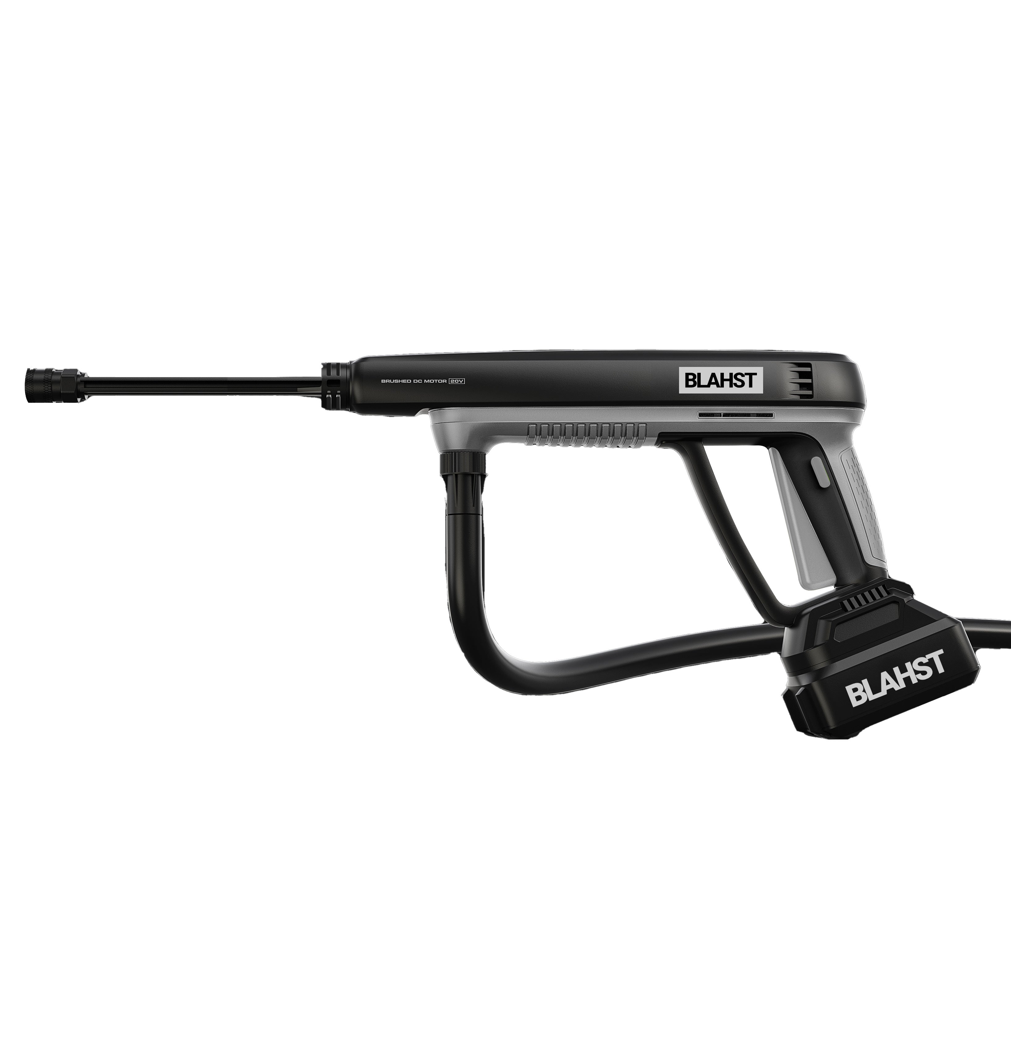 Cordless handheld pressure washer with spray lance and trigger handle.